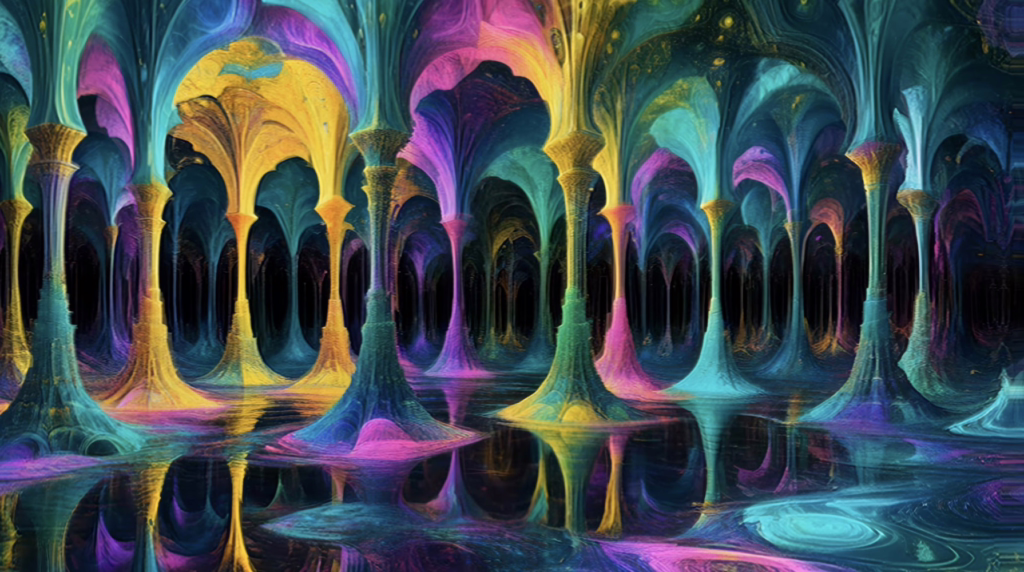 Elegant, colorful columns reflected in still water, signifying rebirth and clarity in a 4K trippy screensaver for LSD.